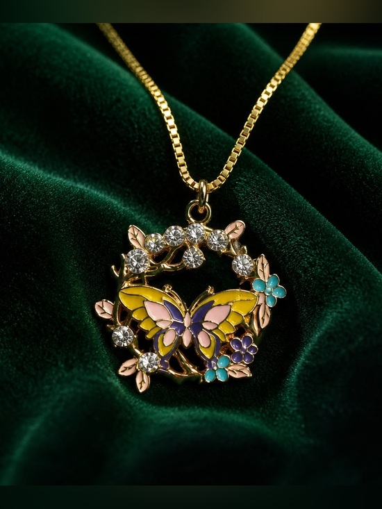 Jewelry - Butterfly Pendant 18k good plated Necklace with Yellow and Pink Enamel